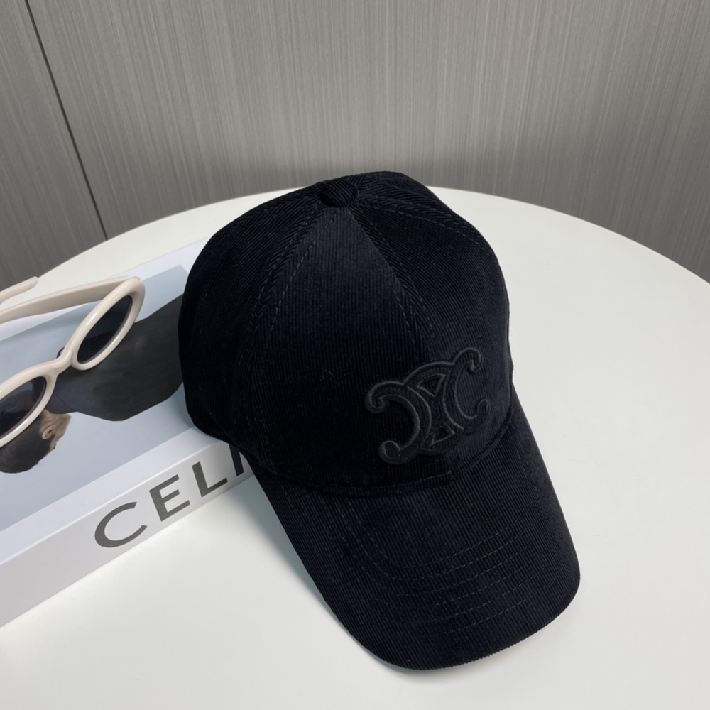 🖤Celine Black Corduroy Baseball Cap Triomphe Embroidery Adjustable Hat